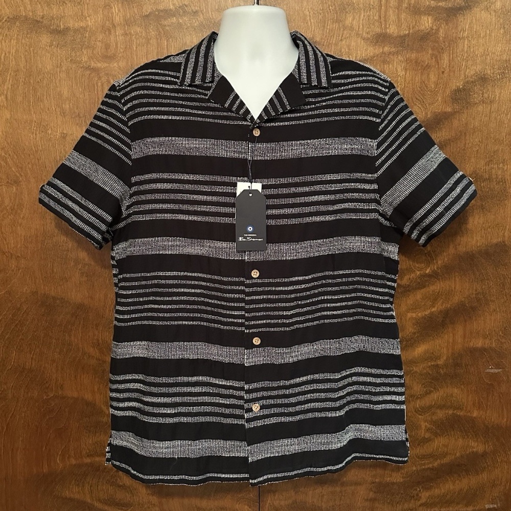 Ben Sherman Short Sleeve Button Front Shirt Mens L Black & White Woven Cotton